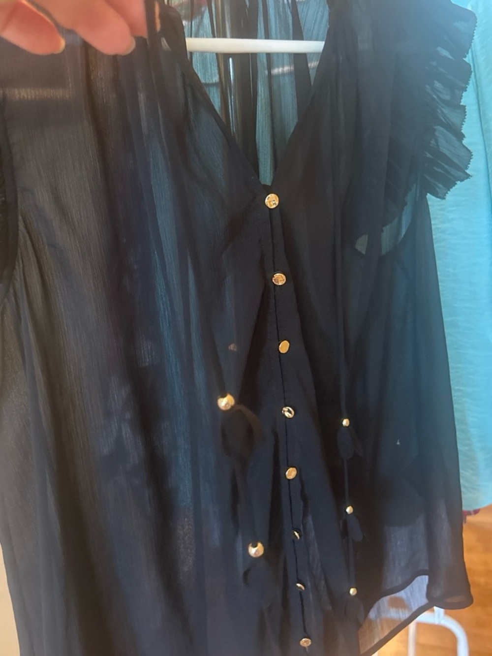 Chico's Black Sheer V-Neck Blouse with Gold Buttons
